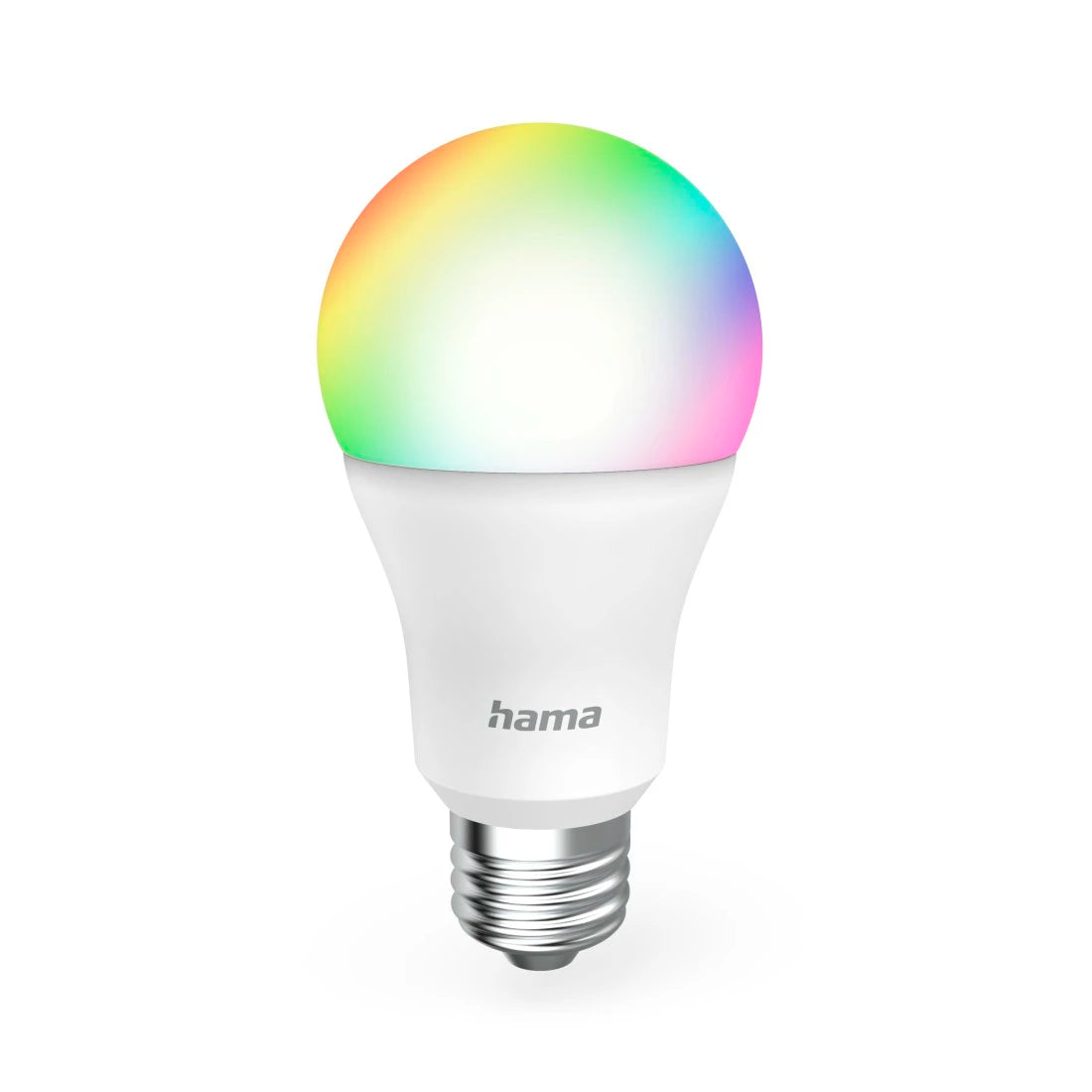 Hama Smarte Glühbirne E27, Kolben in Regenbogenfarben, Hama-Logo auf dem weißen Gehäuse