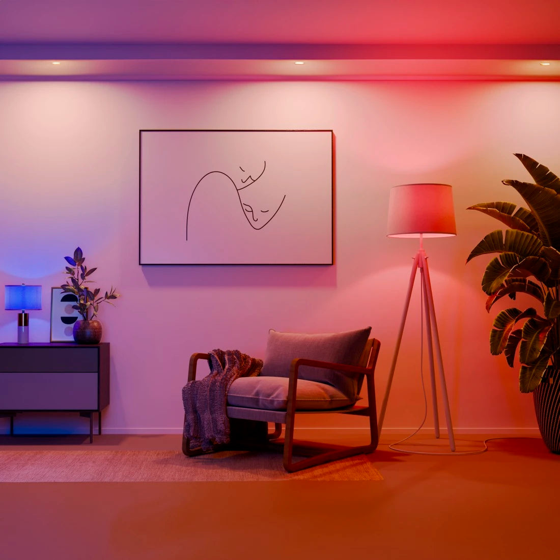 Wohnzimmer in rot-violettem Farblicht, Stehlampe und Tischleuchte mit smarten Hama Lampen