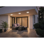 Drei Hama Smarte LED-Deckenleuchten warmweiß unter einem Terrassendach am Abend