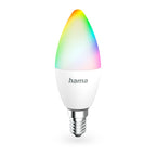 Hama Smarte Lampe E14 in Kerzenform, Kolben im Regenbogen-Farbverlauf, hama-Logo über dem E14-Sockel