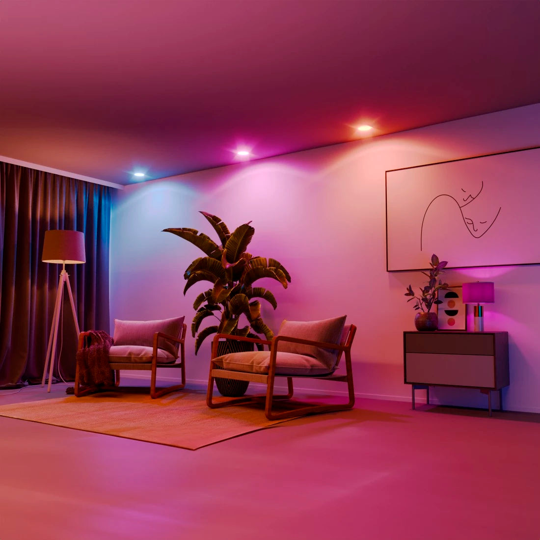 Wohnzimmer mit pink und blau leuchtenden Deckenspots, bestückt mit der Hama Smarten Lampe GU10