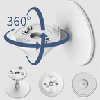Grafik zum Heiman M1-M: blaue 360°-Pfeile am Kugelgelenk der Wandhalterung, darunter drei Detailfotos der Montageteile