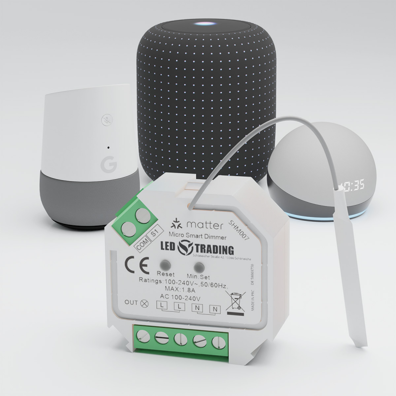Sunricher Dimmer 230V vor Google Nest, Apple HomePod und Amazon Echo Dot als Sprachassistenten