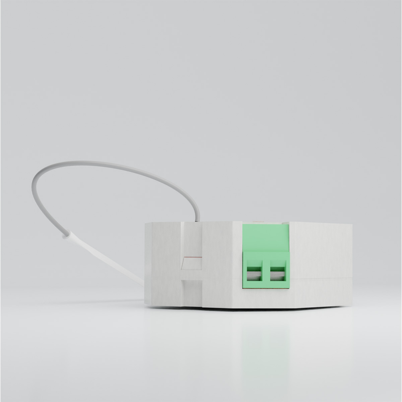 Seitenansicht des Sunricher Dimmer 230V mit zweipoliger Taster-Klemme COM/S1 und gebogenem Antennendraht