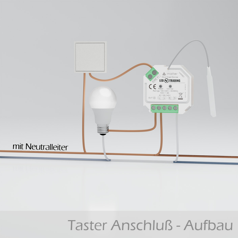 Anschlussschema Taster mit Neutralleiter: Sunricher Dimmer 230V zwischen Taster und Glühlampe verdrahtet
