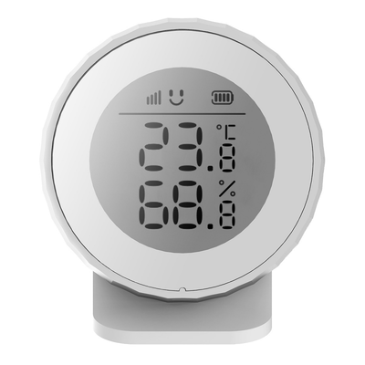 Heiman Thermo-Hygrometer H1-M auf dem Tischständer, rundes LCD zeigt 23,8 °C, 68,8 % Luftfeuchte und Komfort-Smiley
