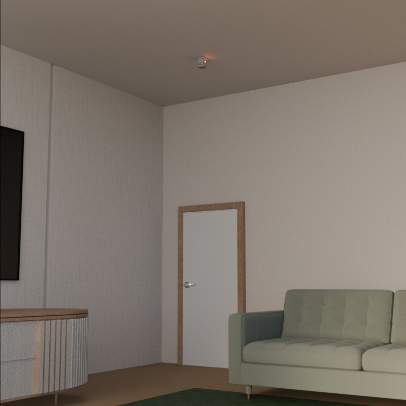 Wohnzimmer mit Sofa und Wand-TV, der Heiman Rauchmelder HS1SA-M sitzt an der Zimmerdecke und zeigt eine rote LED