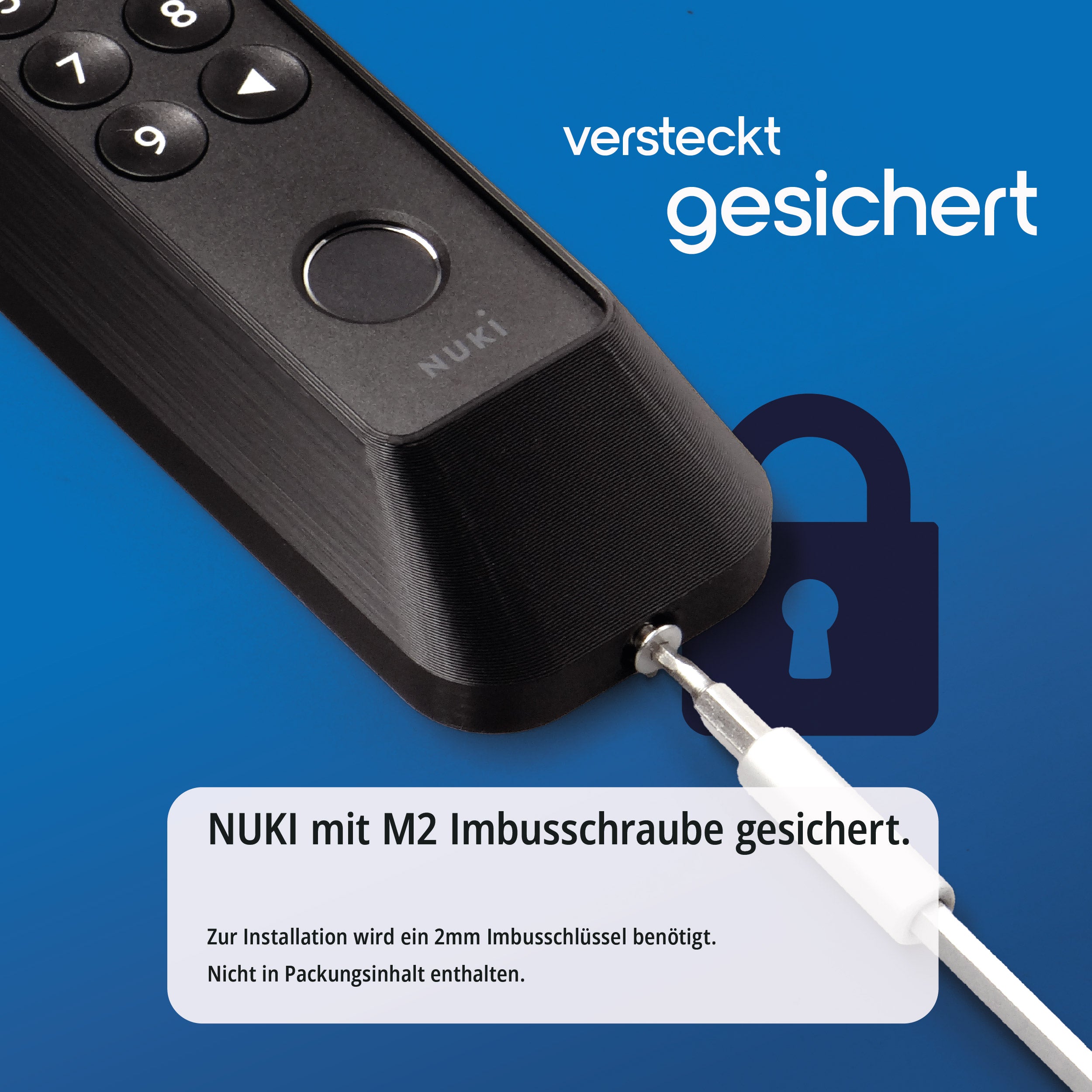 Blende des Diebstahlschutzes wird am Nuki Keypad 2 mit der M2-Imbusschraube und einem 2-mm-Schlüssel gesichert