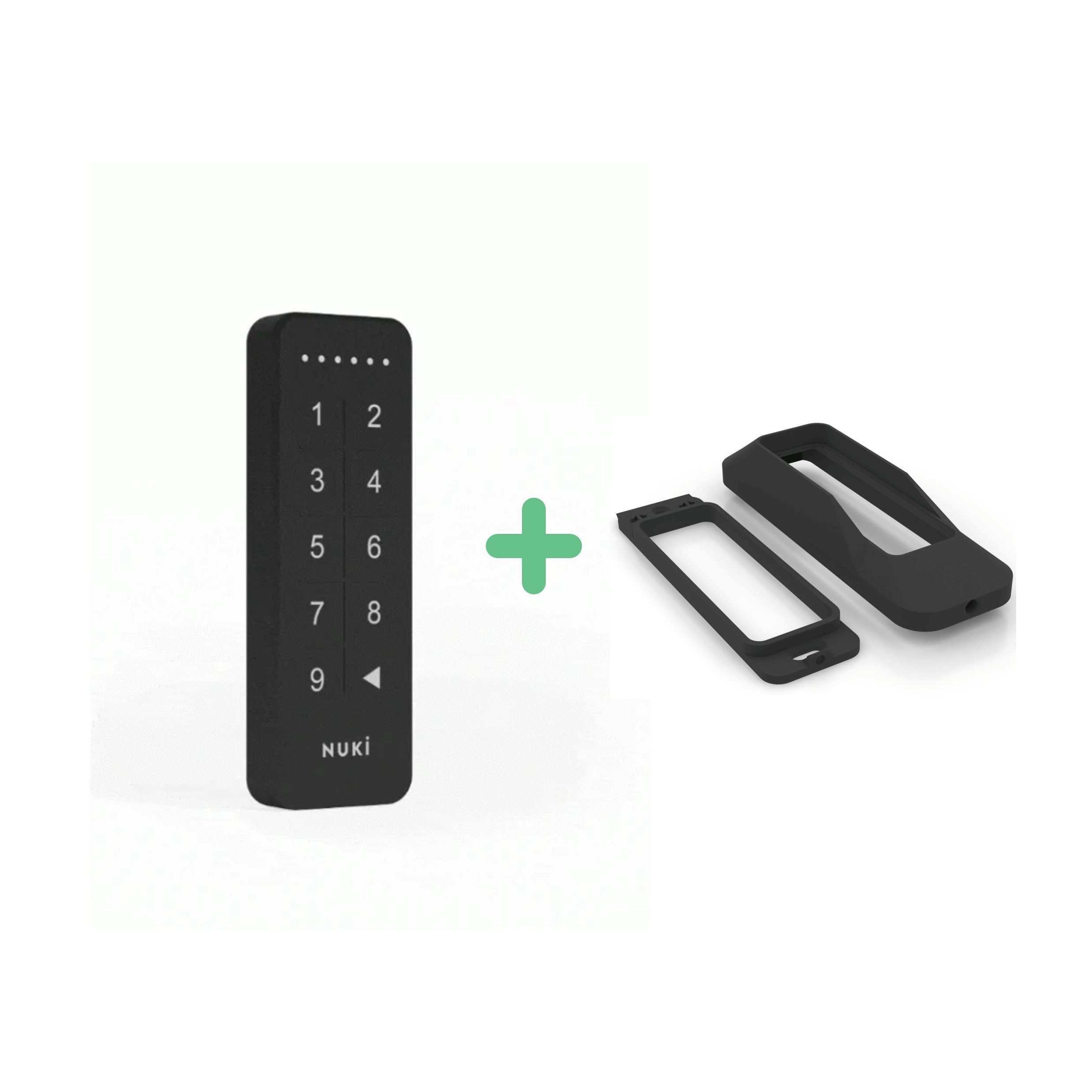 Nuki Keypad mit Zifferntasten neben der zweiteiligen Diebstahlschutz-Halterung, grünes Plus dazwischen