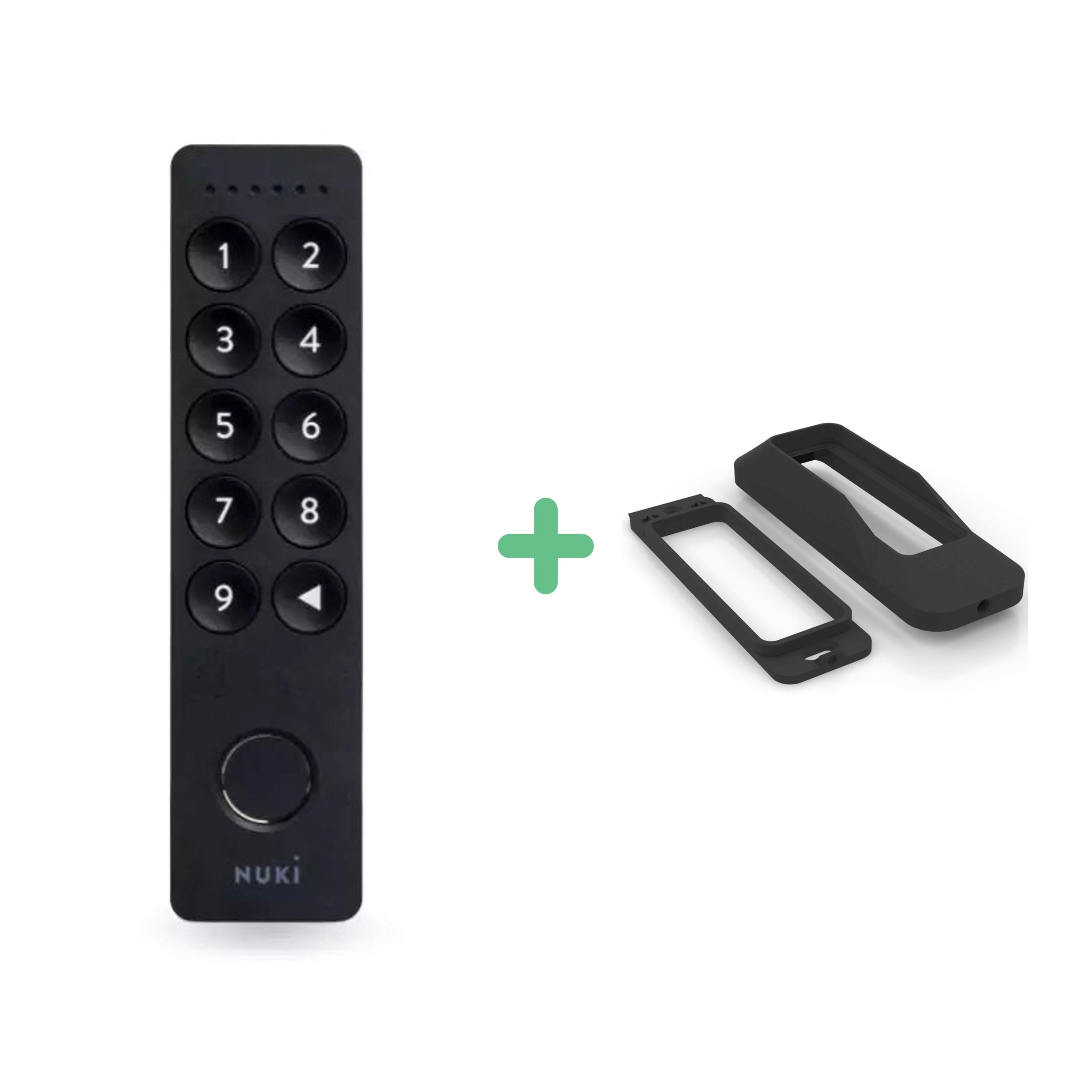 Nuki Keypad 2 mit Fingerabdrucksensor neben der zweiteiligen Diebstahlschutz-Halterung, grünes Plus