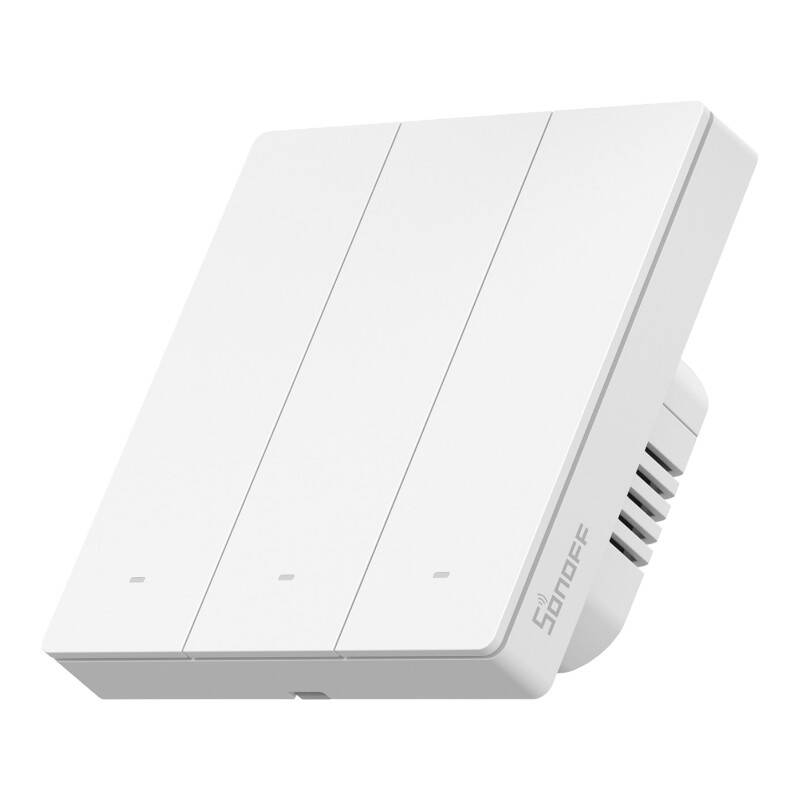 Sonoff M5 Wandschalter mit drei Tastern, schräg von vorn links, drei schmale Wippen mit Status-LED