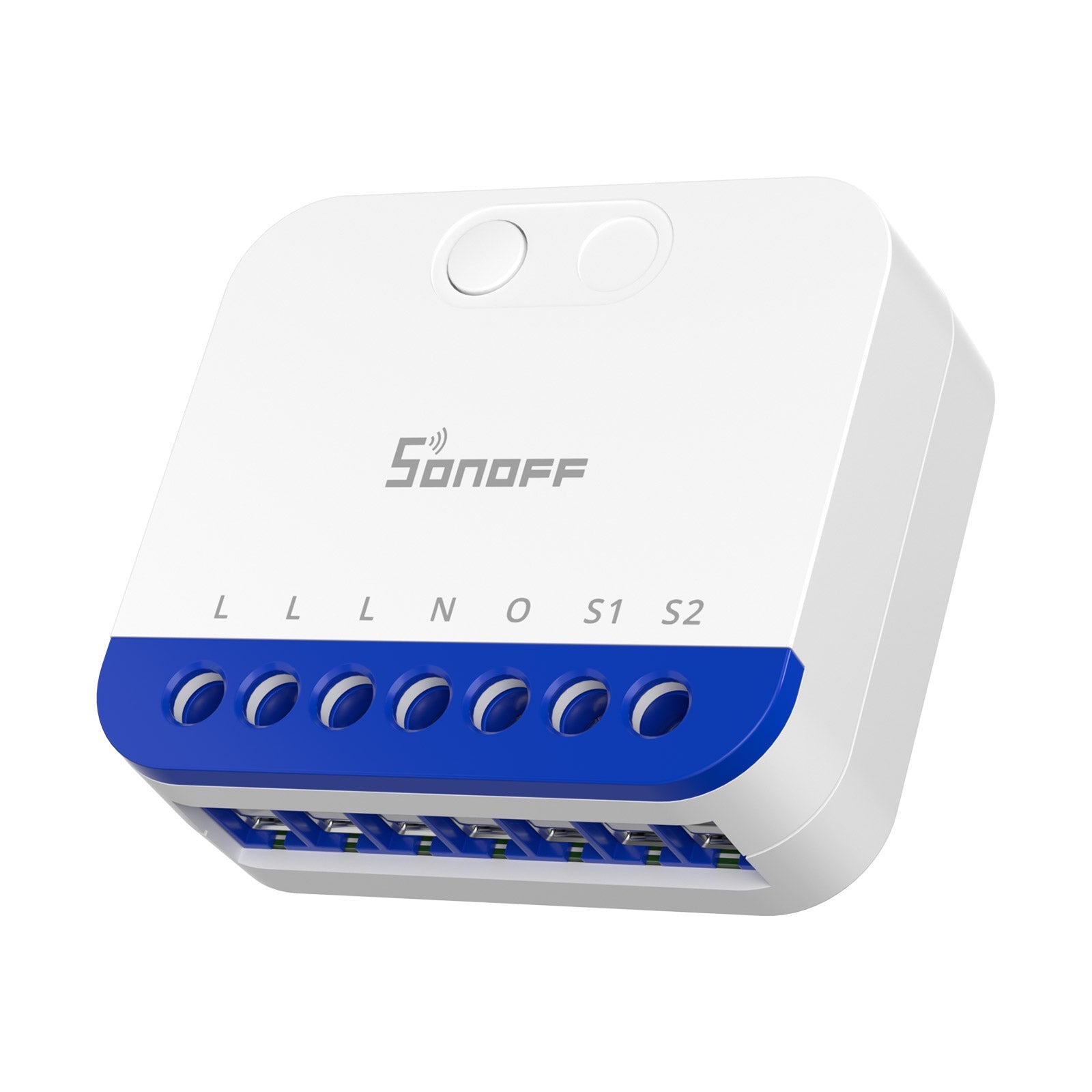 Sonoff MINI-DIM freigestellt von schräg vorn, weißes Gehäuse mit Taste, Status-LED und blauer Klemmleiste