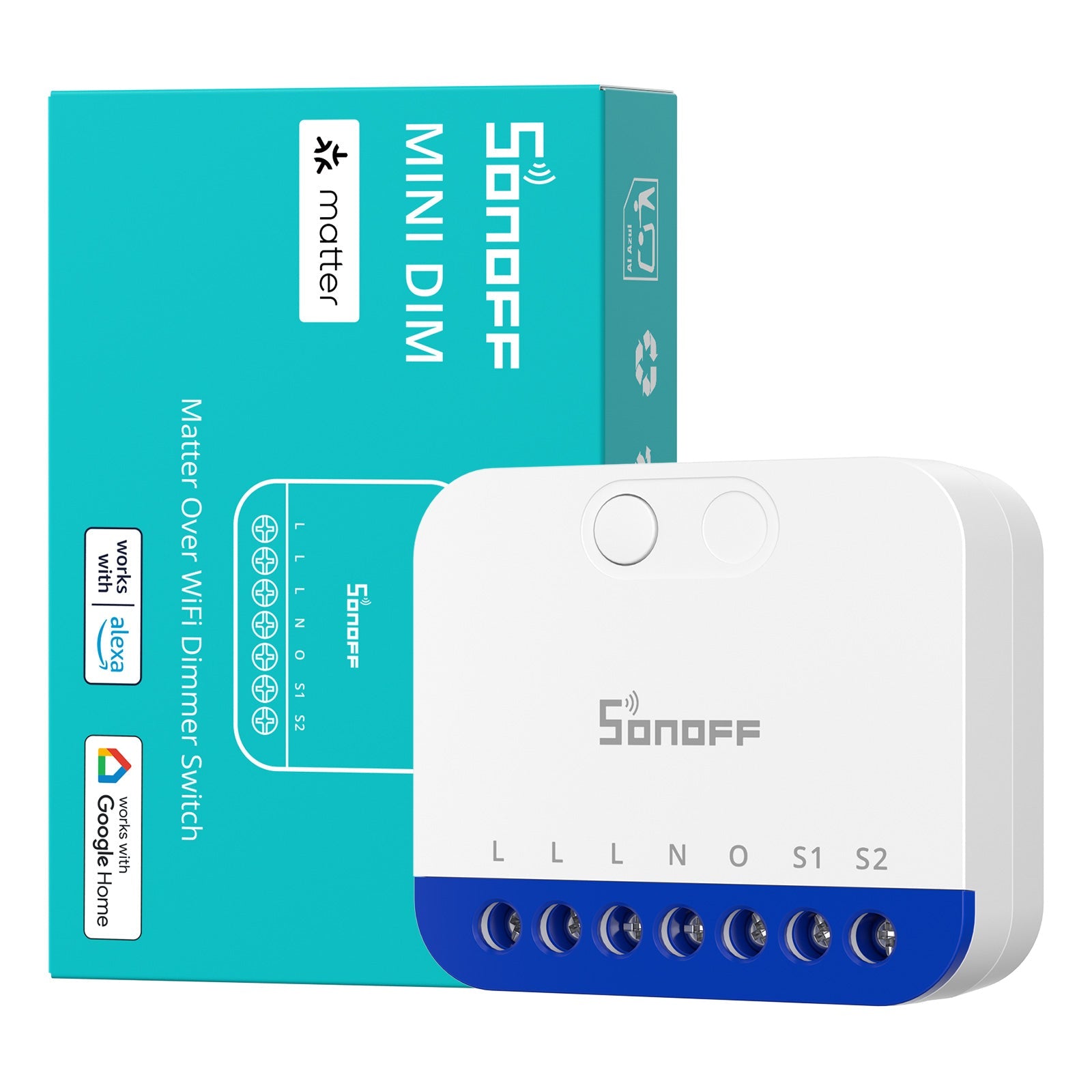 Sonoff MINI-DIM Dimmaktor vor der türkisen Verpackung, das Modul zeigt die blaue Klemmleiste L L L N O S1 S2