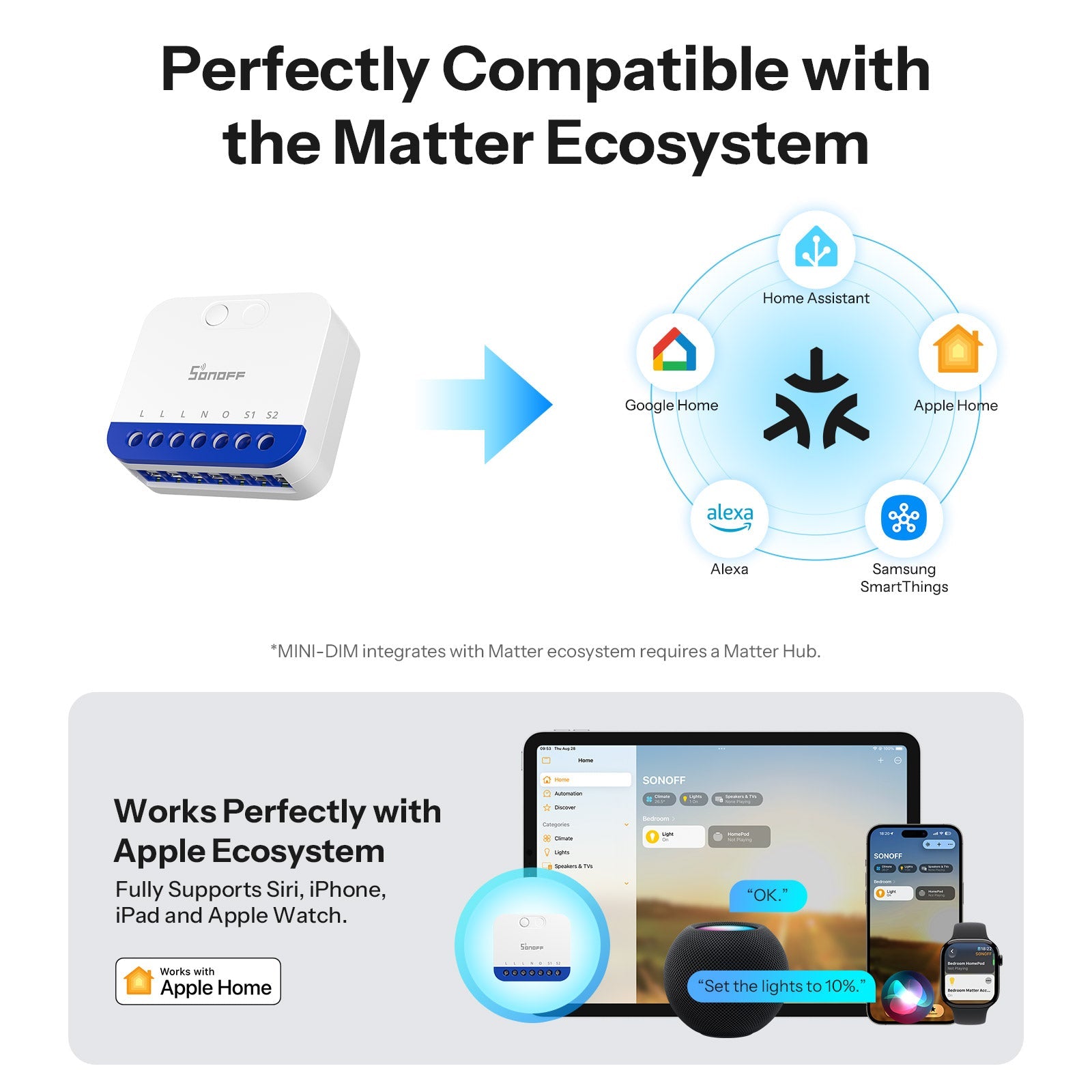 Herstellergrafik: der Sonoff MINI-DIM im Matter-Ökosystem mit Home Assistant, Google Home, Apple Home und Alexa