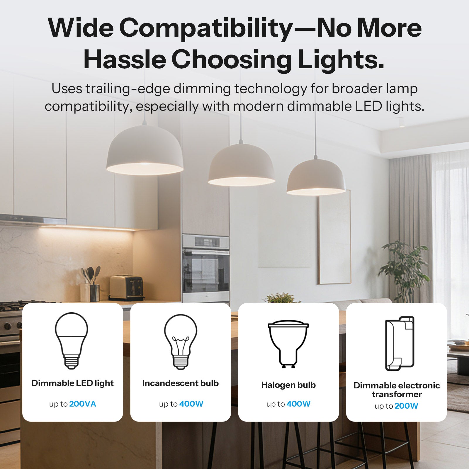 Küche mit drei Pendelleuchten und den Lastgrenzen des Sonoff MINI-DIM für LED, Glühlampe, Halogen und Trafo