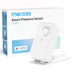 Verpackung des Meross MS600 mit Matter-Logo und den Angaben Präsenz bis 6 m und Bewegung bis 12 m, davor der Sensor