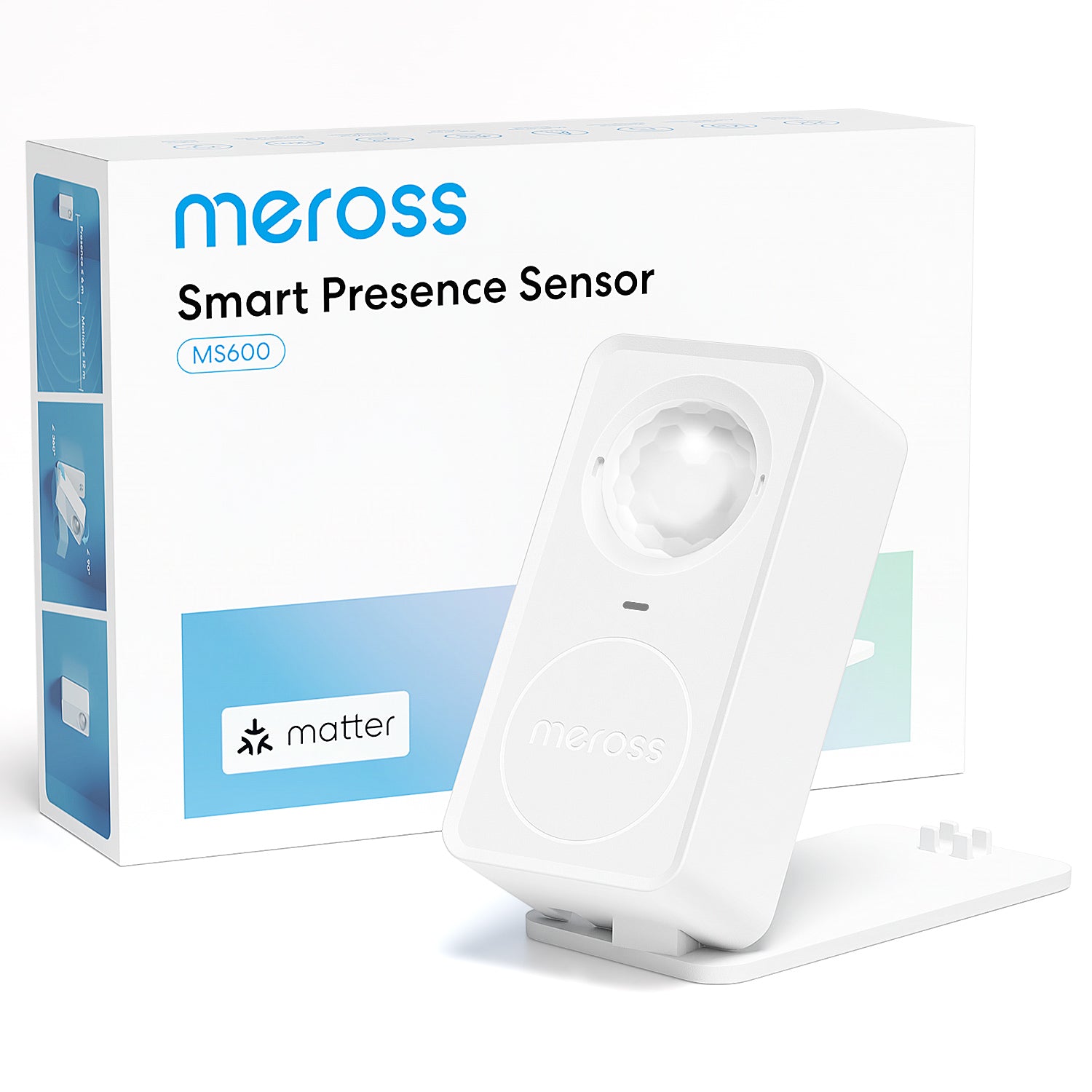 Verpackung des Meross MS600 mit Matter-Logo und den Angaben Präsenz bis 6 m und Bewegung bis 12 m, davor der Sensor