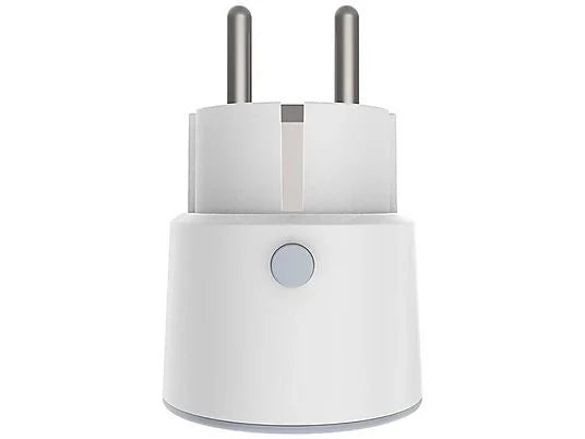 NEO Smart Power Plug frontal, Schuko-Steckerstifte nach oben und runde Taste am weißen Gehäuse
