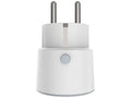 NEO Smart Power Plug frontal, Schuko-Steckerstifte nach oben und runde Taste am weißen Gehäuse