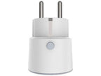 NEO Smart Power Plug frontal, Schuko-Steckerstifte nach oben und runde Taste am weißen Gehäuse