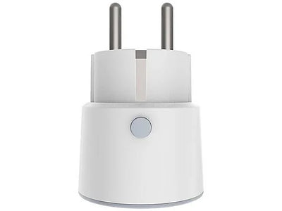 NEO Smart Power Plug frontal, Schuko-Steckerstifte nach oben und runde Taste am weißen Gehäuse