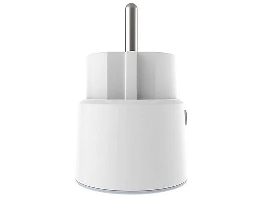 NEO Smart Power Plug von hinten, Erdungskontakte des Schuko-Steckers sichtbar, Taste am Gehäuserand