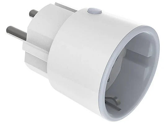 NEO Smart Power Plug schräg von der Seite, offene Schuko-Buchse vorn, Steckerstifte hinten, Taste oben