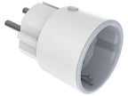 NEO Smart Power Plug schräg von der Seite, offene Schuko-Buchse vorn, Steckerstifte hinten, Taste oben