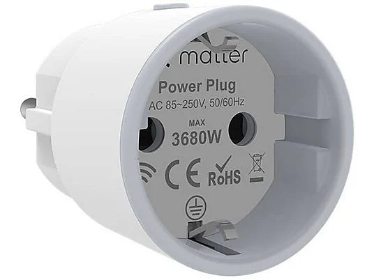 Aufdruck am NEO Smart Power Plug mit Matter-Logo, AC 85–250 V, max. 3680 W sowie CE- und RoHS-Zeichen