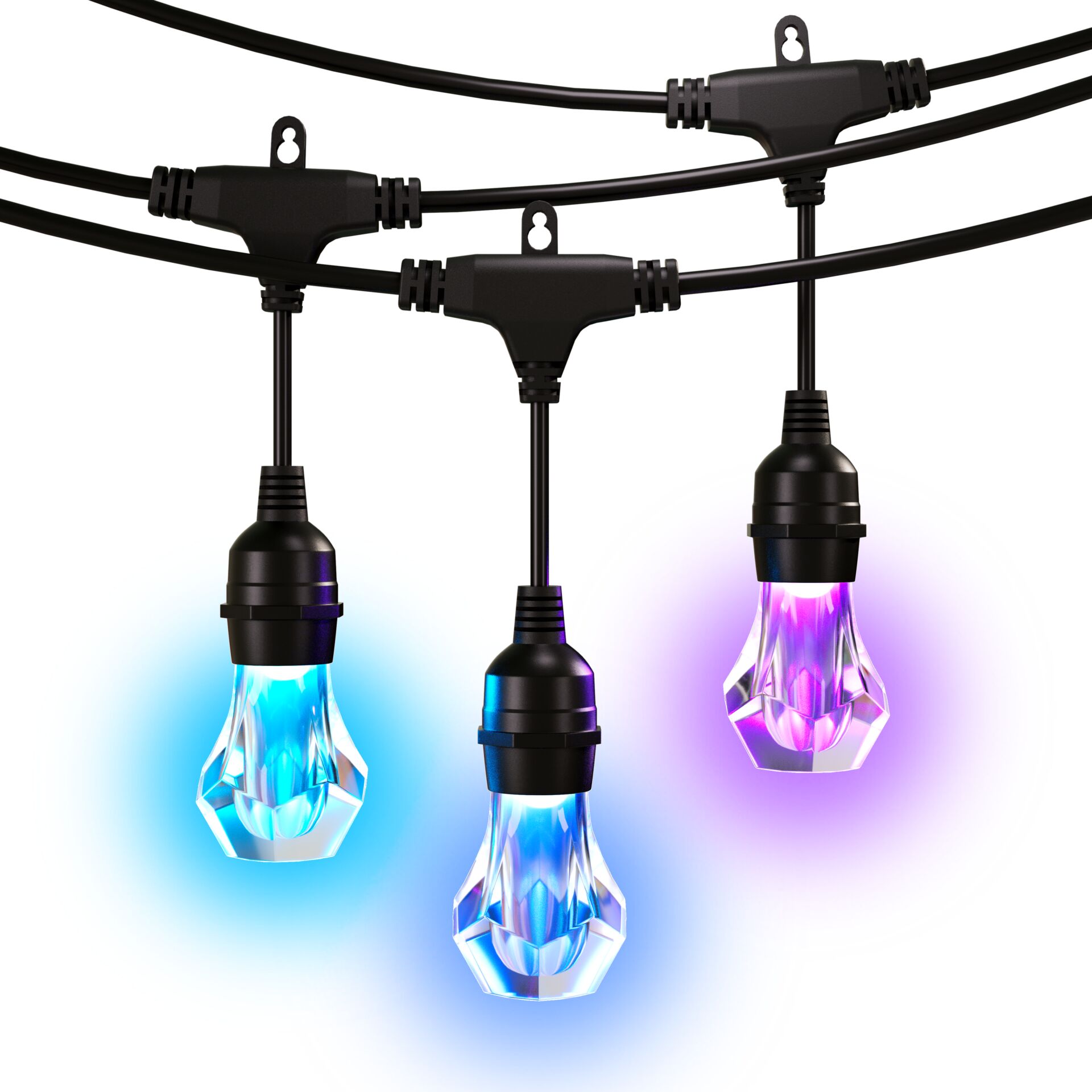 Nanoleaf Essentials Matter Smart Outdoor Light String, drei Lampen leuchten blau und violett