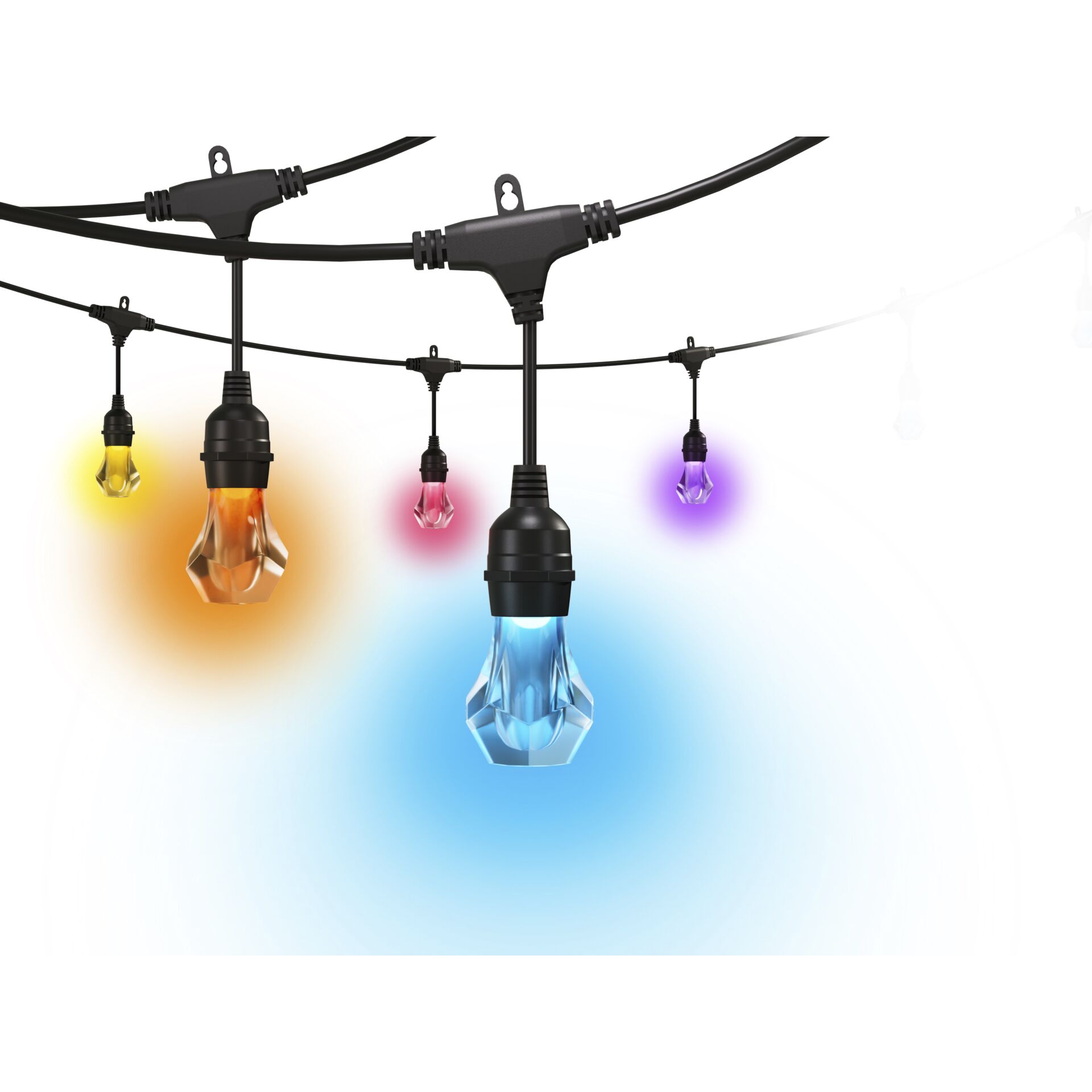 Nanoleaf Outdoor Light String Erweiterung mit gelb, orange, rot, violett und blau leuchtenden Lampen