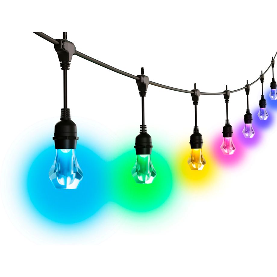 Nanoleaf Outdoor String Light mit sieben Birnen in Blau, Grün, Gelb, Pink und Violett vor weißem Hintergrund