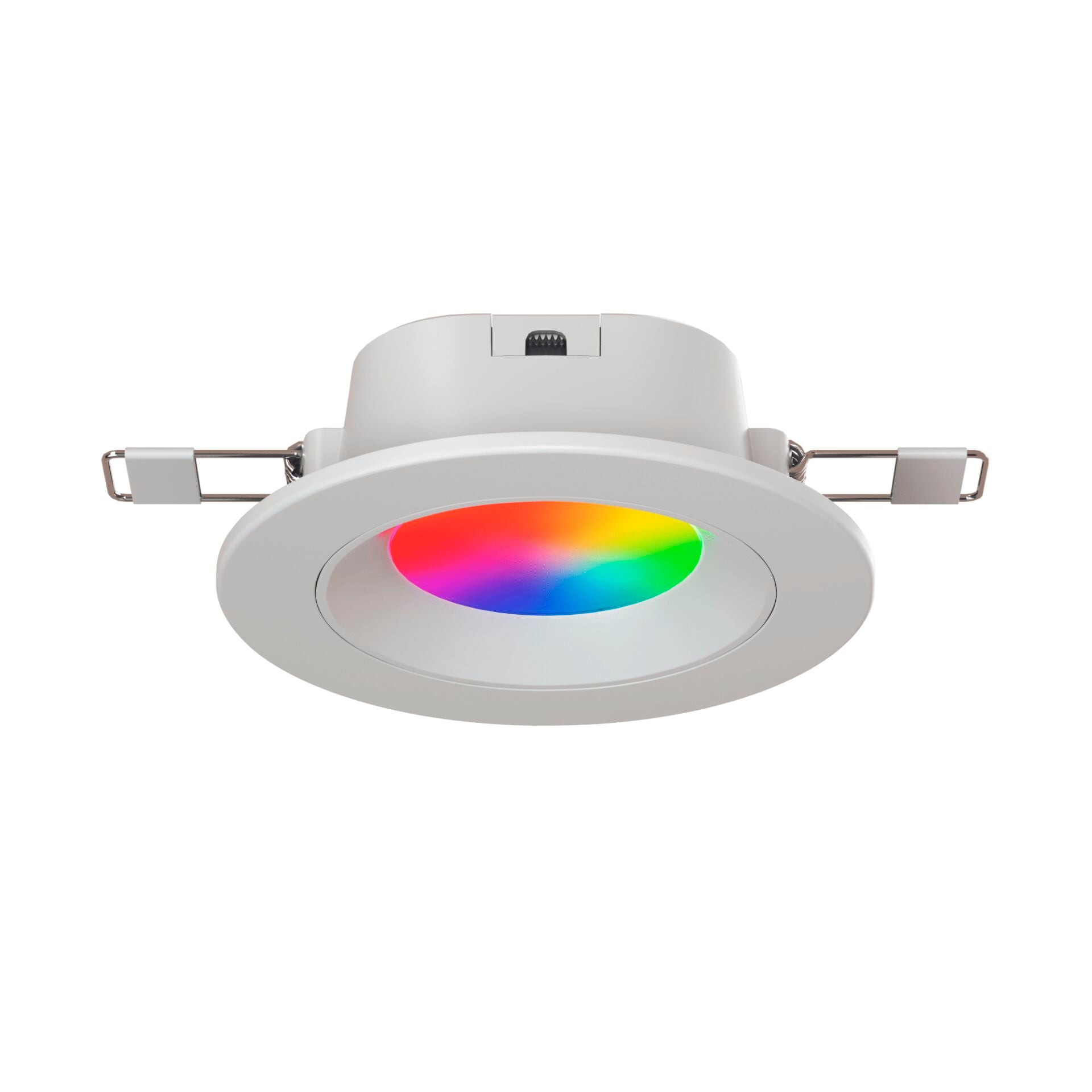 Nanoleaf Essentials Matter Smart Spot mit ausgeklappten Montagefedern, Leuchtfläche in Regenbogenfarben