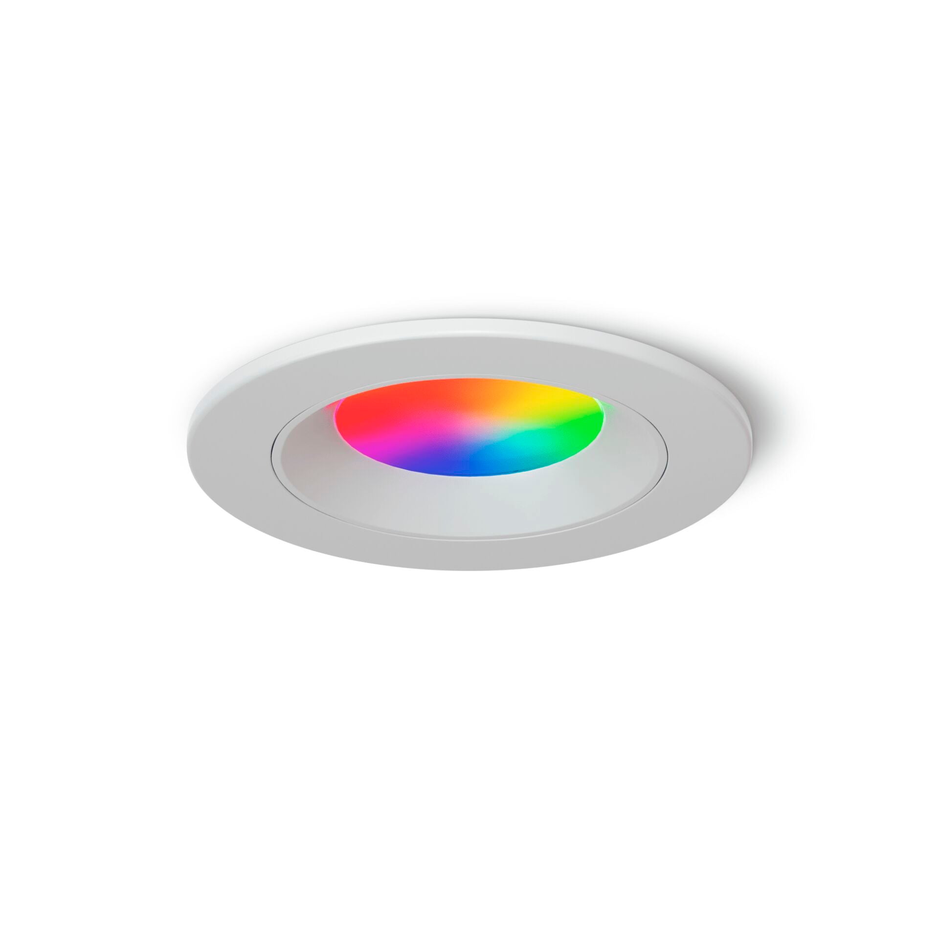Nanoleaf Smart Spot bündig in weißer Decke, schräg von oben, Leuchtfläche in Regenbogenfarben