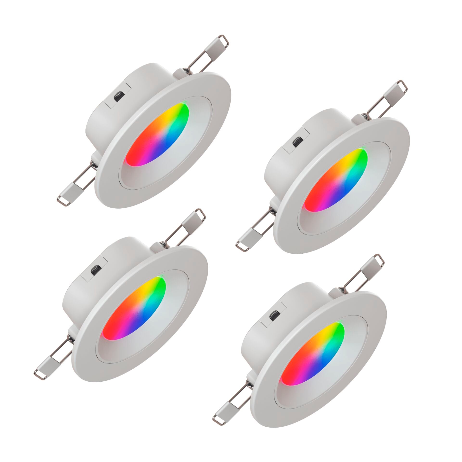 Vier Nanoleaf Essentials Matter Smart Spots nebeneinander, alle mit farbig leuchtender Blende