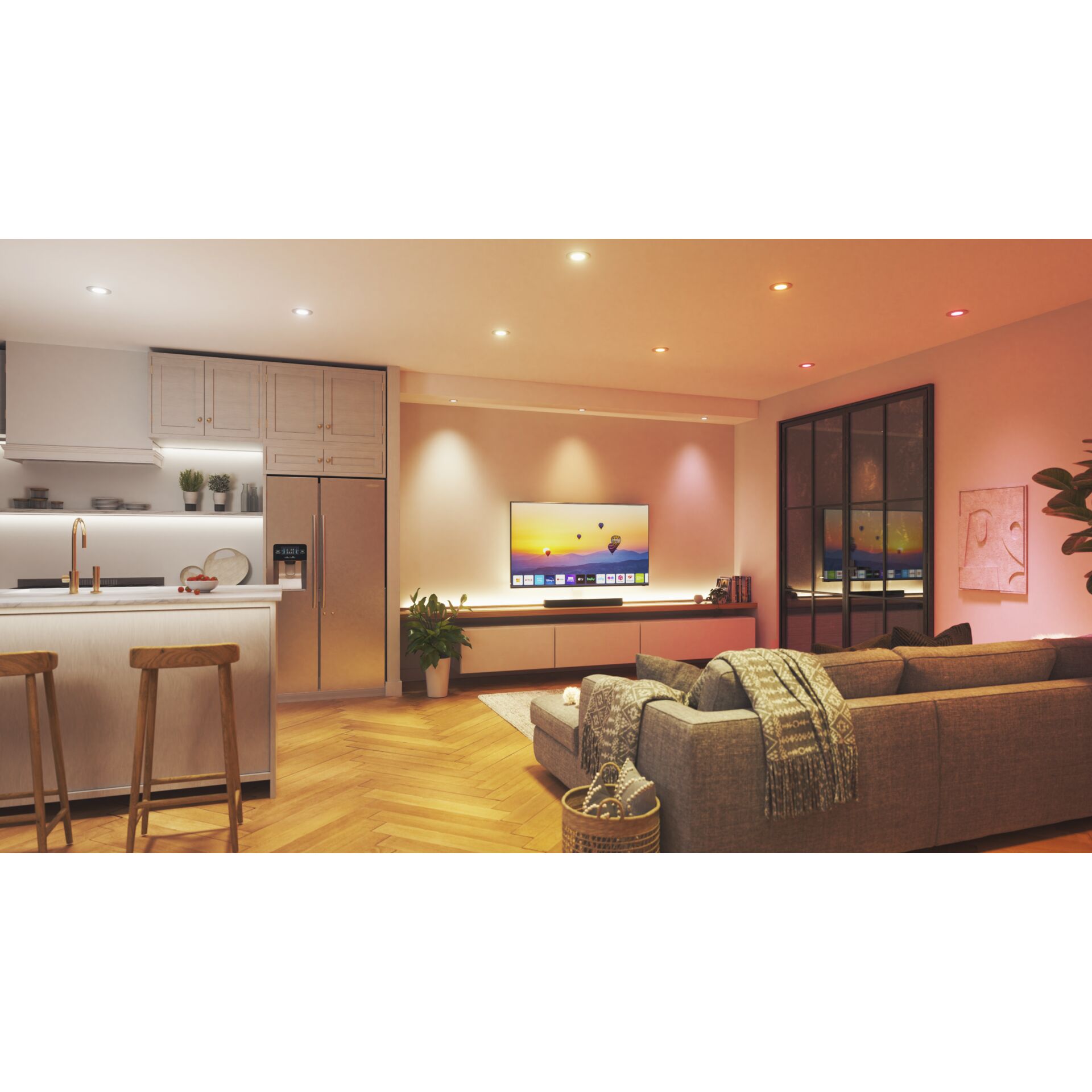 Offene Wohnküche mit Nanoleaf Smart Spots in Orange- und Rottönen an der Decke