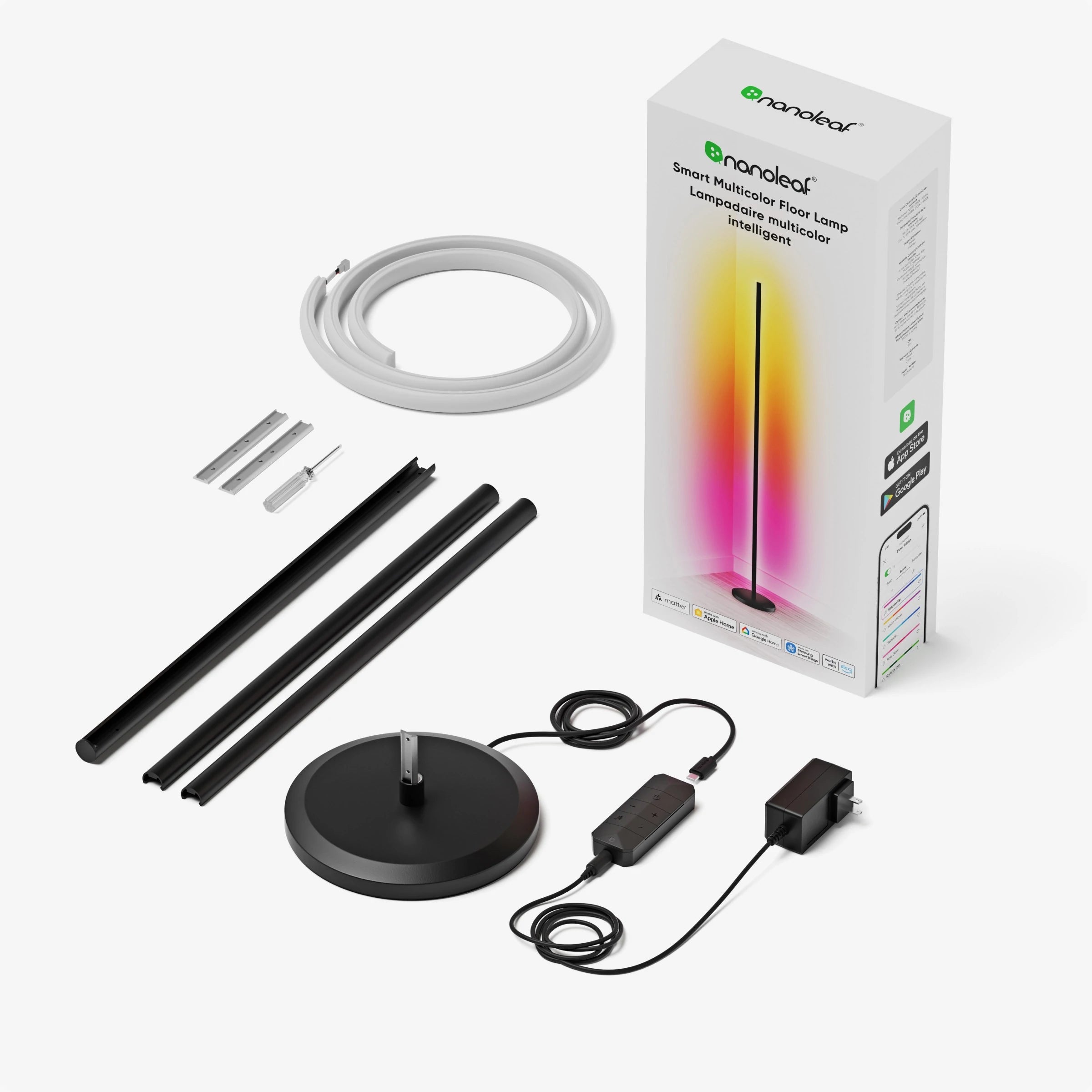 Verpackung der Nanoleaf Floor Lamp mit Lieferumfang: drei Stabsegmente, runder Fuß, Netzteil und Montagezubehör
