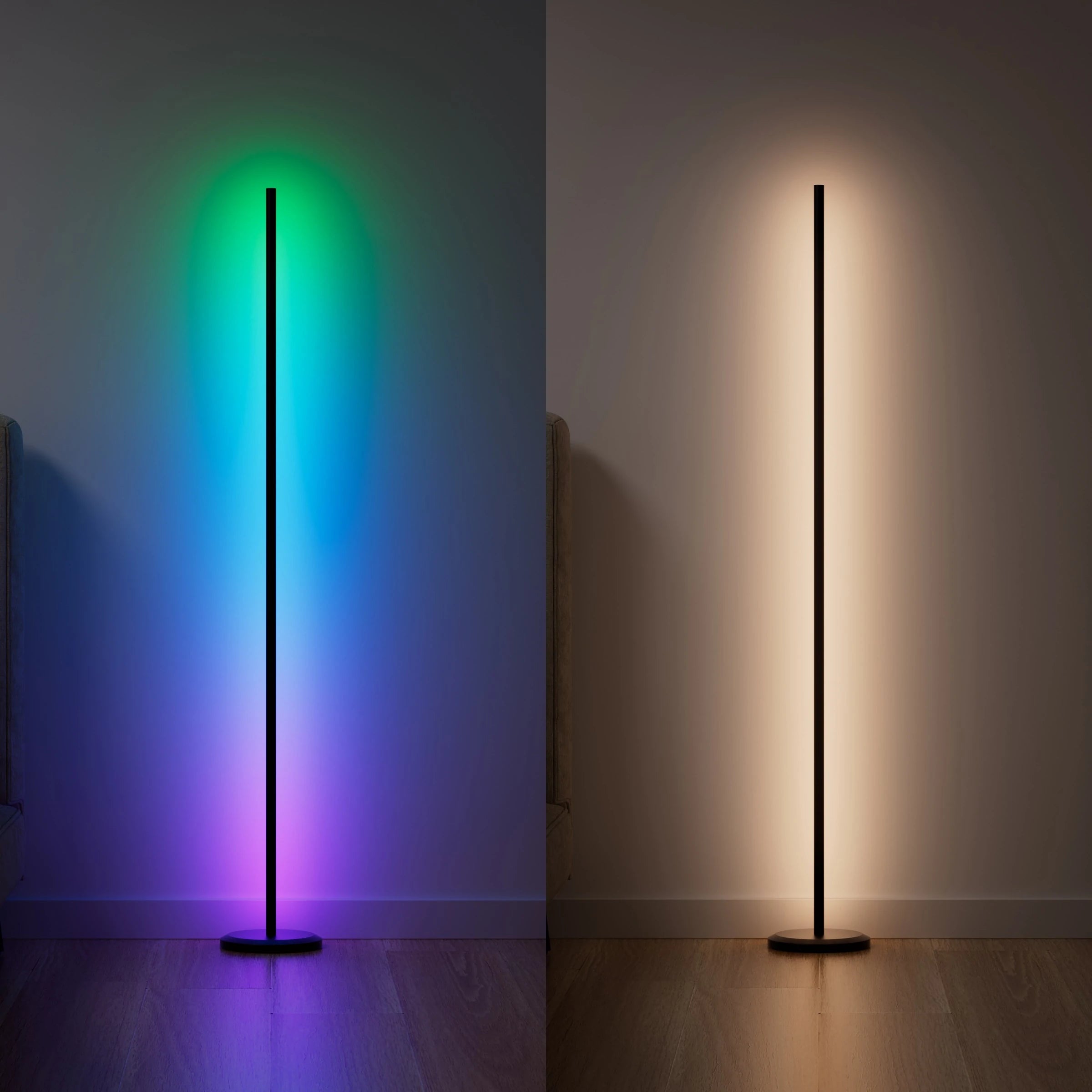 Nanoleaf Floor Lamp im Vergleich: links bunter Farbverlauf, rechts warmweißes Licht an derselben Wand