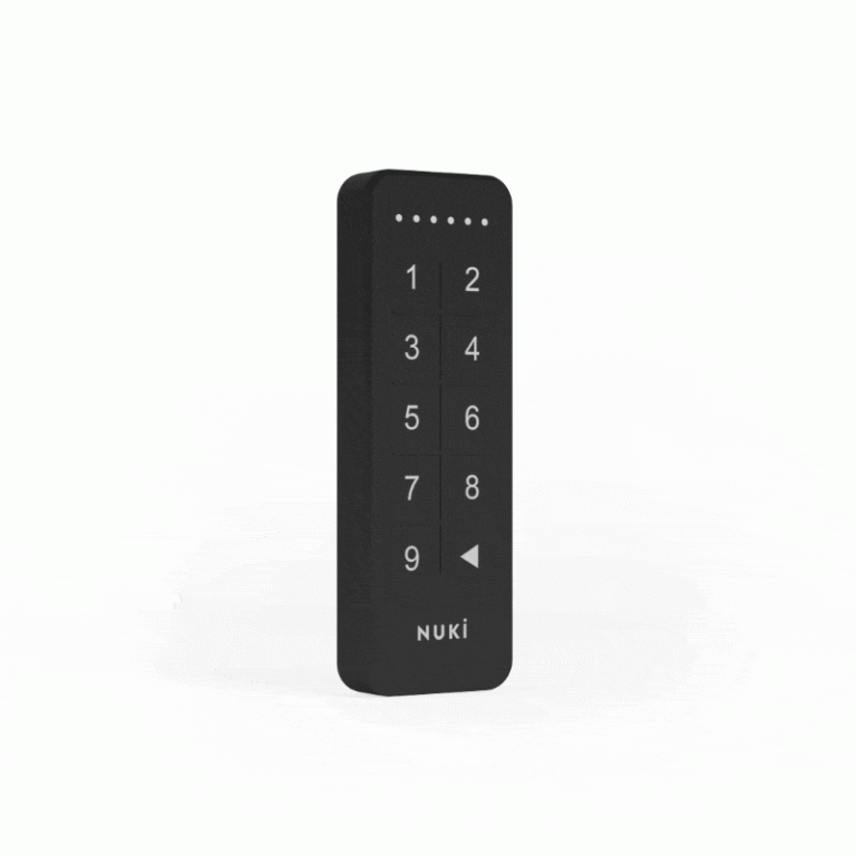 Nuki Keypad als Studioaufnahme vor hellem Hintergrund, Tastenfeld und LED-Leiste gut erkennbar