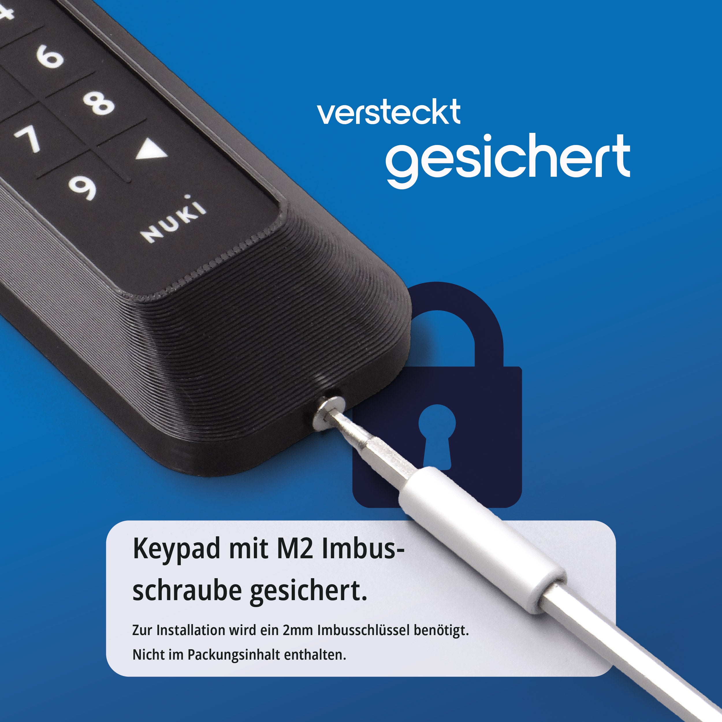 Blende des Diebstahlschutzes wird am Nuki Keypad 1 mit der M2-Imbusschraube und einem 2-mm-Schlüssel gesichert