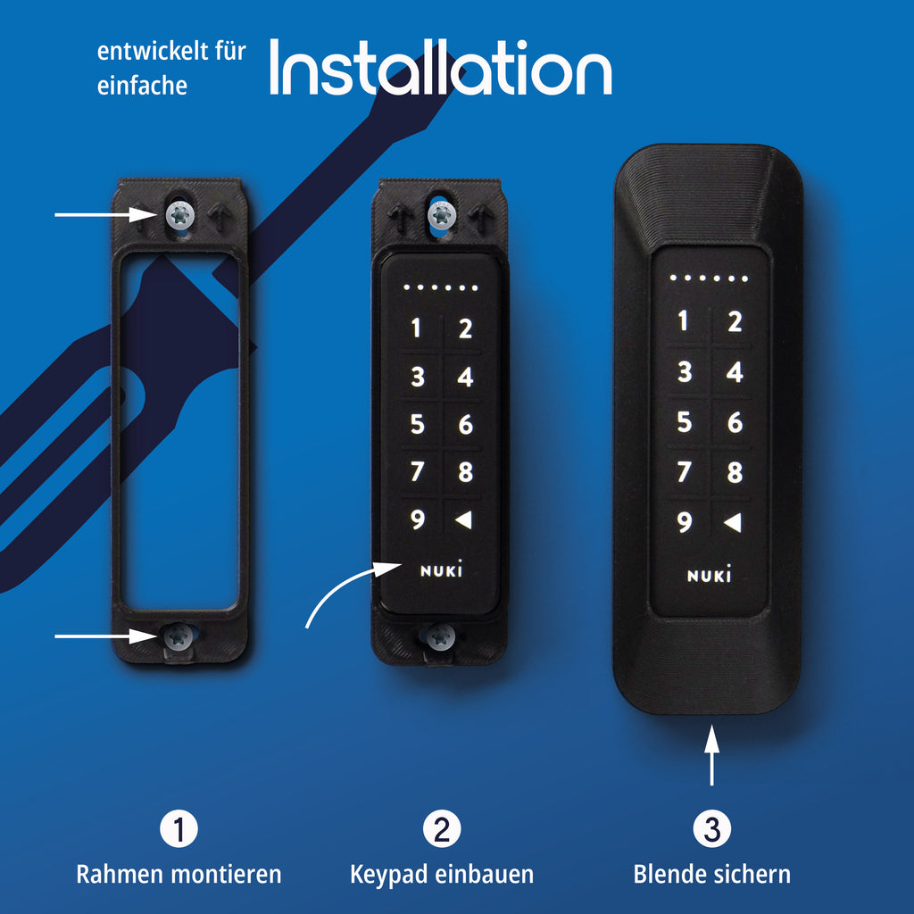 Montage des Diebstahlschutzes für das Nuki Keypad 1 in drei Schritten: Rahmen anschrauben, Keypad einsetzen, Blende sichern