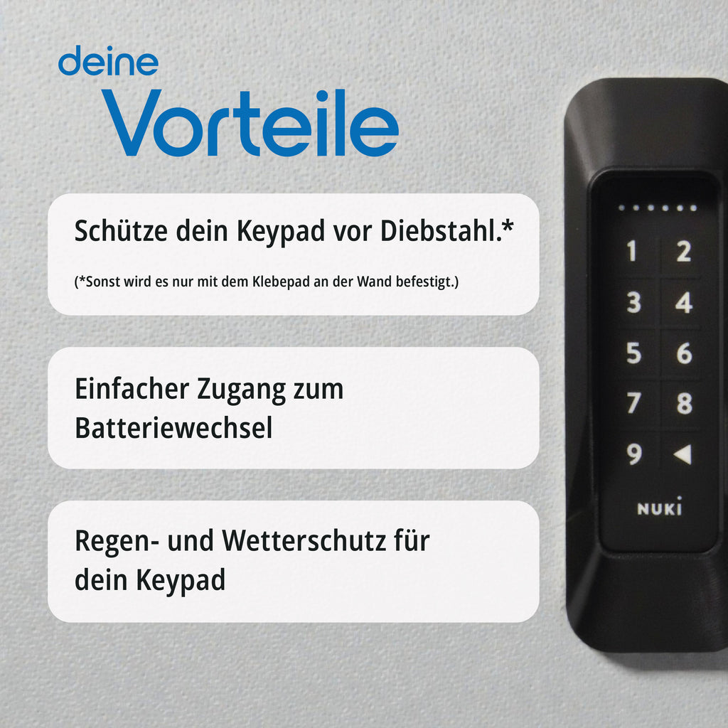 Vorteilsgrafik zum Diebstahlschutz: Nuki Keypad 1 an der Wand, daneben Diebstahlschutz, Batteriewechsel und Wetterschutz