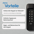 Vorteilsgrafik zum Diebstahlschutz: Nuki Keypad 1 an der Wand, daneben Diebstahlschutz, Batteriewechsel und Wetterschutz