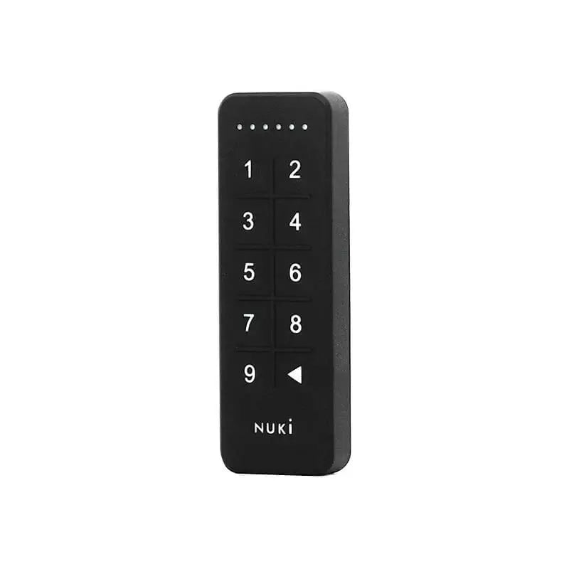 Nuki Keypad in Schwarz mit LED-Punkten, Zifferntasten 1 bis 9 und Zurück-Taste, ohne Fingerabdrucksensor