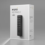 Verpackung des Nuki Keypad 2 NFC mit Kompatibilitätsliste für Smart Lock Ultra, Pro (5th Gen) und Go