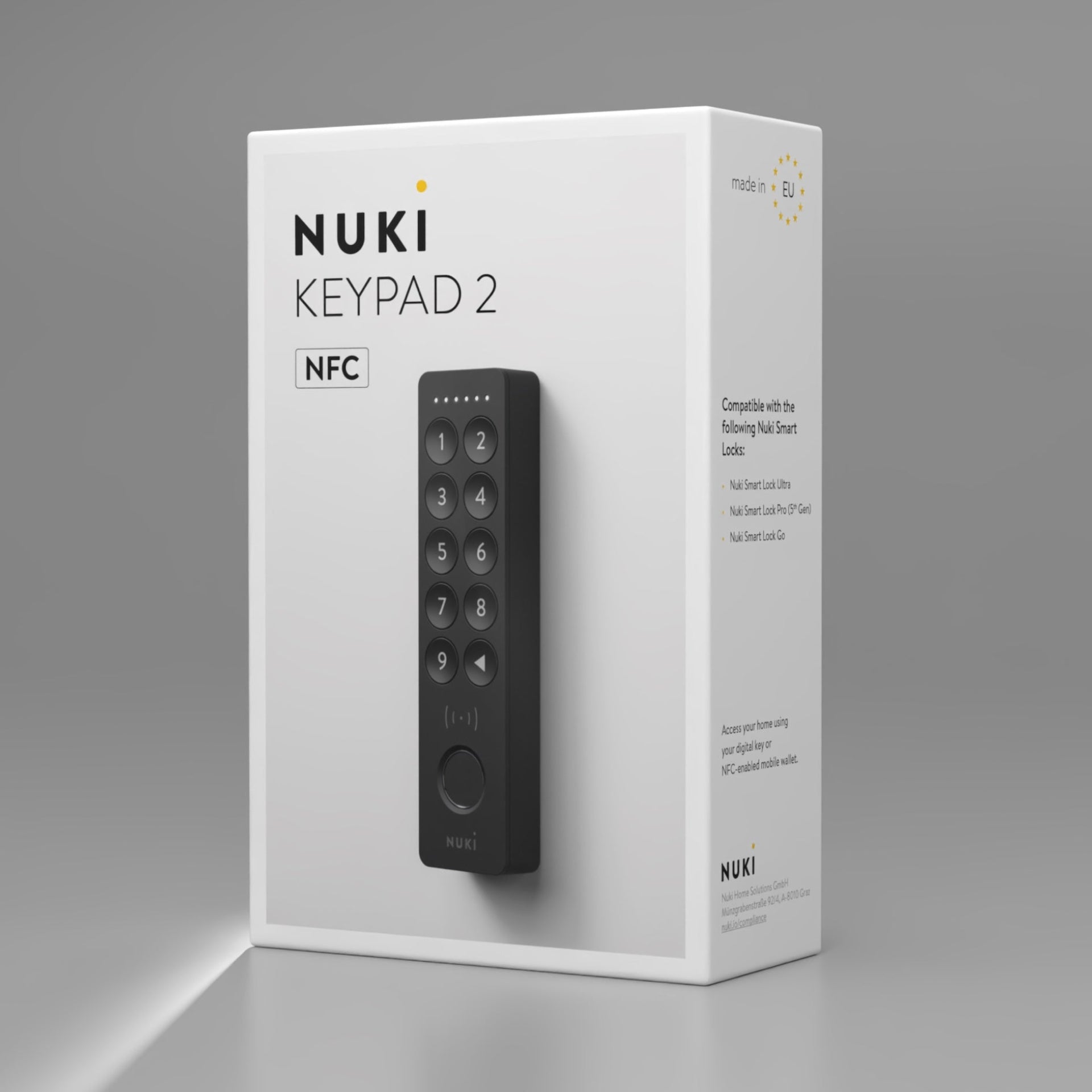 Verpackung des Nuki Keypad 2 NFC mit Kompatibilitätsliste für Smart Lock Ultra, Pro (5th Gen) und Go