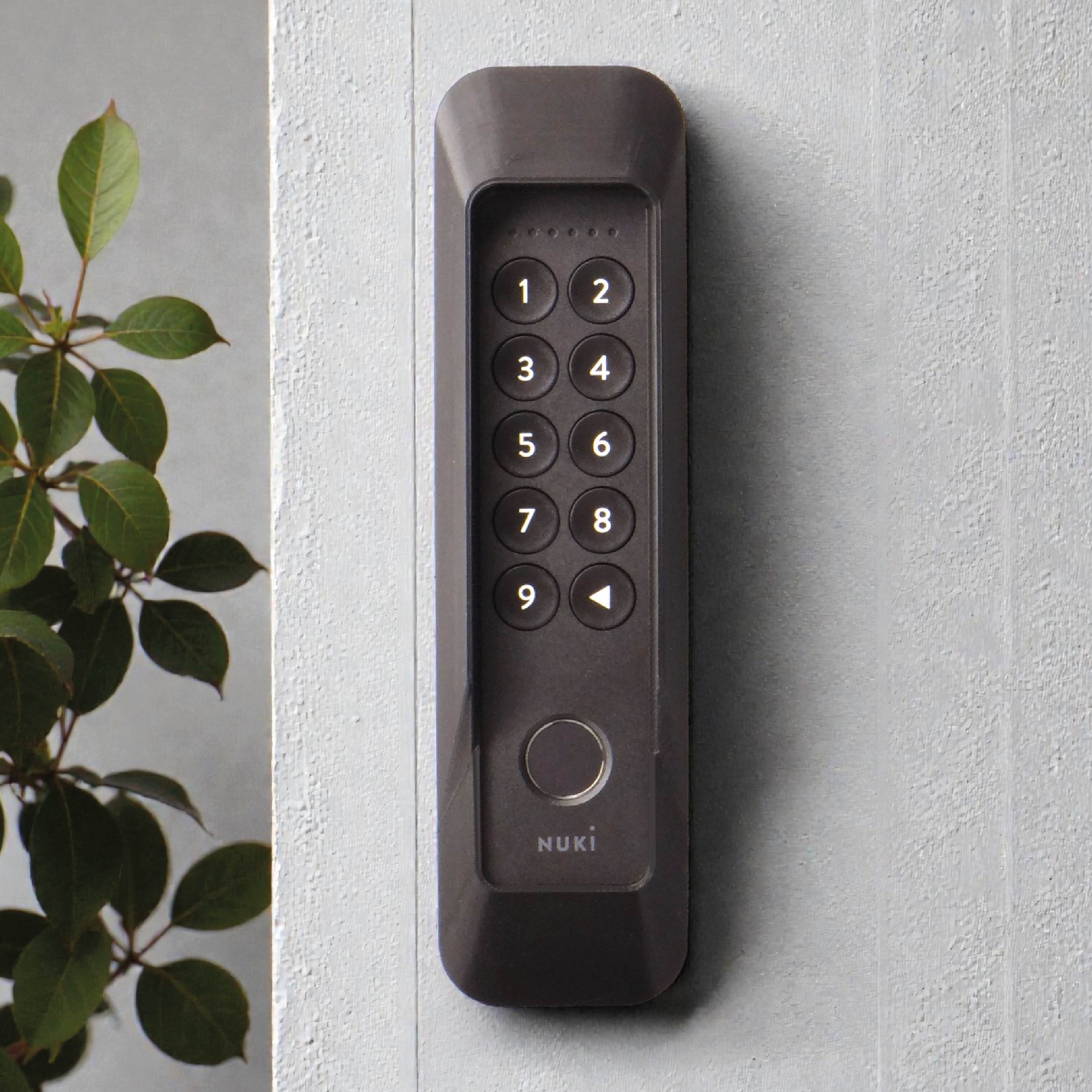 Das gesicherte Keypad 2 an einer hellen Wand neben einer Grünpflanze