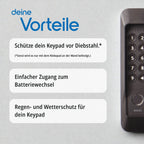 Vorteilsgrafik zum Diebstahlschutz: Nuki Keypad 2 an der Wand, daneben Diebstahlschutz, Batteriewechsel und Wetterschutz