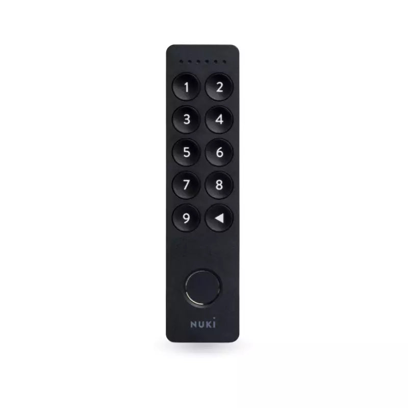 Nuki Keypad 2 frontal: Zifferntasten, Zurück-Taste und runder Fingerabdrucksensor, kein NFC-Symbol