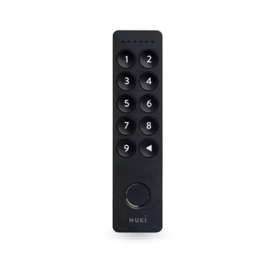 Nuki Keypad 2 frontal: Zifferntasten, Zurück-Taste und runder Fingerabdrucksensor, kein NFC-Symbol